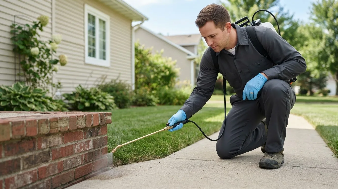 Pest control technician treating a home near Huttonsville, WV